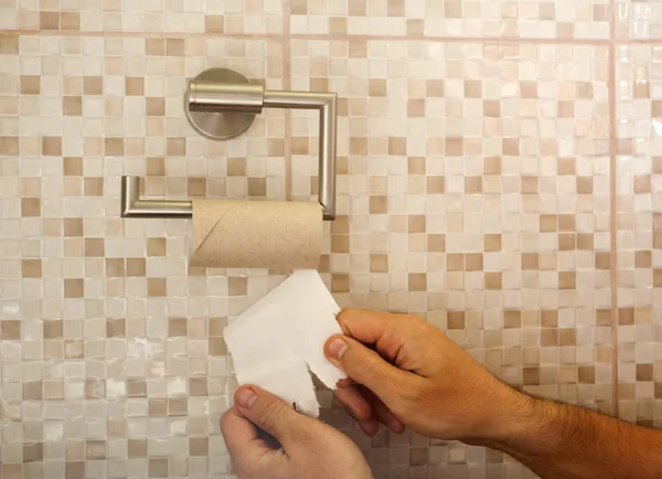 Hands Torn Toilet Paper End — Stock Photo, Image