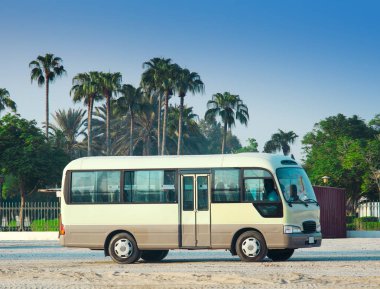 çöl seyahat beyaz otobüs. palmiye ağaçları ve berrak mavi gökyüzü