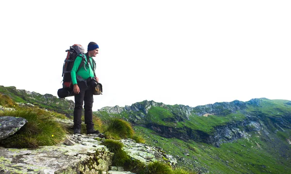 Homem Com Mochila Para Férias Viajar Isolado Fundo Branco — Fotografia de Stock