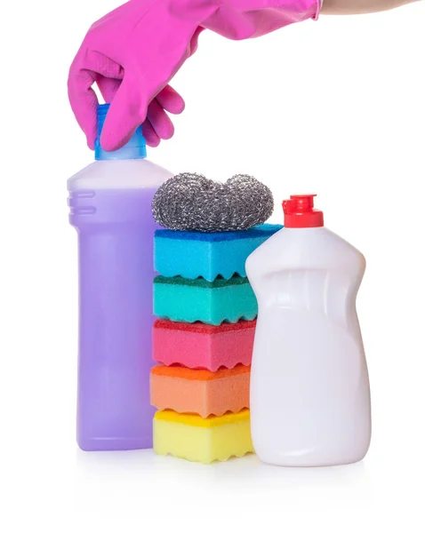Esponjas Para Utensílios Lavagem Detergentes Sobre Fundo Branco Isolado — Fotografia de Stock