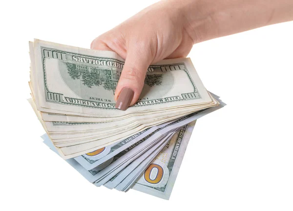 Papiergeld Hand Witte Geïsoleerde Achtergrond — Stockfoto