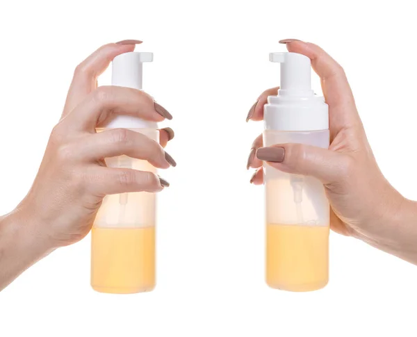 Kosmetiska Lotion Kvinnlig Hand Vit Isolerade Bakgrund — Stockfoto