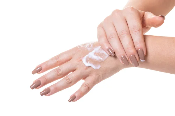 Mani Femminili Crema Cosmetica Sfondo Bianco Isolato — Foto Stock