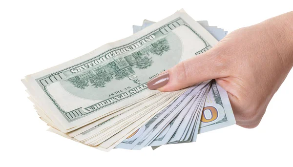 Papiergeld Hand Witte Geïsoleerde Achtergrond — Stockfoto