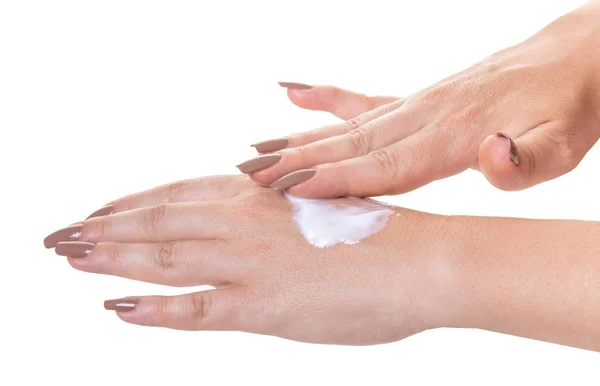 Mãos Femininas Creme Cosmético Fundo Isolado Branco — Fotografia de Stock