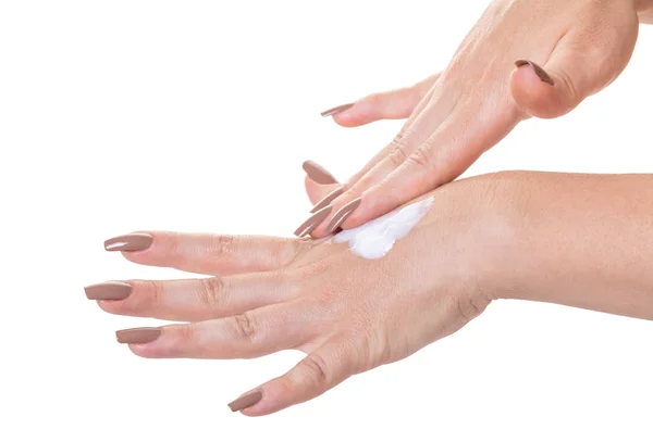 Mani Femminili Crema Cosmetica Sfondo Bianco Isolato — Foto Stock