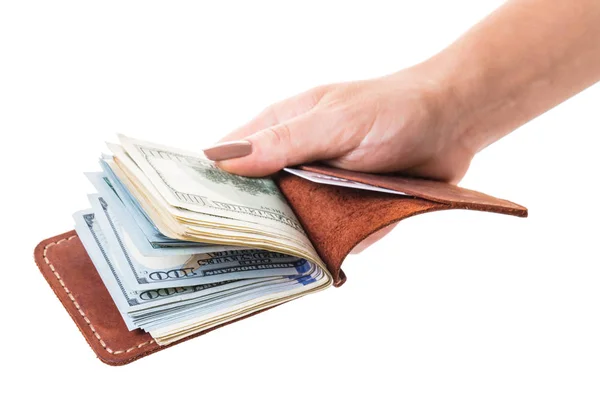 Plånbok Med Pengar Handen Vit Isolerade Bakgrund — Stockfoto