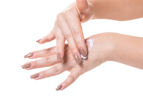 Mãos Femininas Creme Cosmético Fundo Isolado Branco — Fotografia de Stock