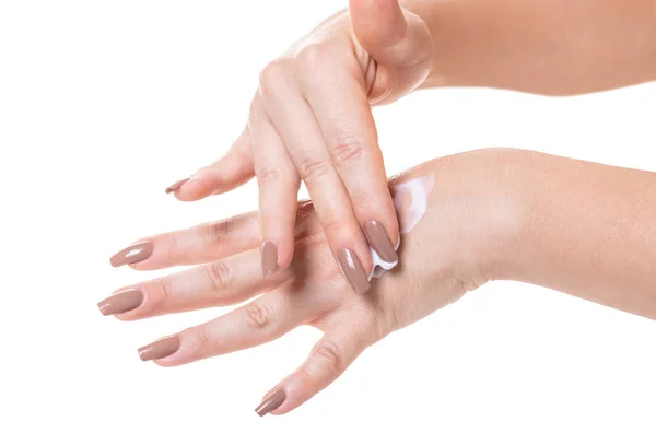 Mani Femminili Crema Cosmetica Sfondo Bianco Isolato — Foto Stock