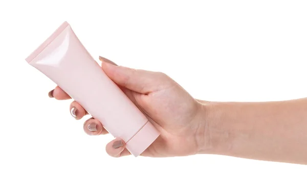 Kvinnlig Hand Med Tub Kosmetiska Grädde Vit Isolerade Bakgrund — Stockfoto