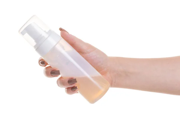 Kosmetiska Lotion Kvinnlig Hand Vit Isolerade Bakgrund — Stockfoto