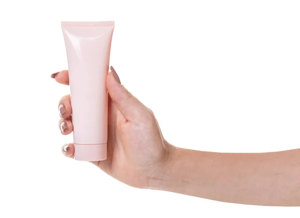 Mano Femminile Con Tubo Crema Cosmetica Sfondo Bianco Isolato — Foto Stock