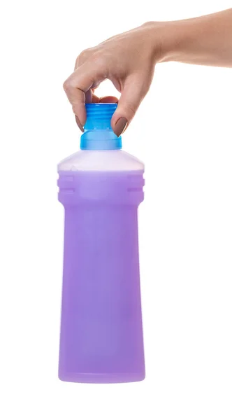 Flasche Mit Waschmittel Der Hand Auf Weißem Isolierten Hintergrund — Stockfoto