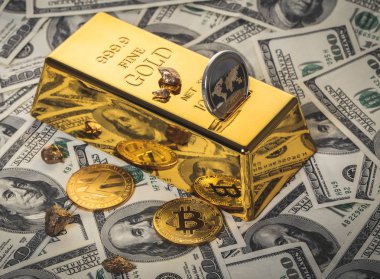 altın ve dolar arka plan üzerinde cryptocurrency