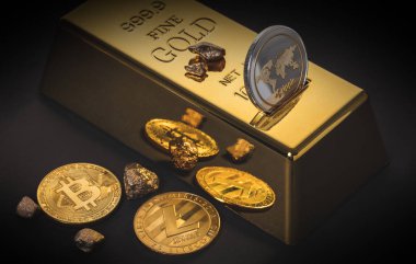 altın bar ve cryptocurrency siyah bir zemin üzerine