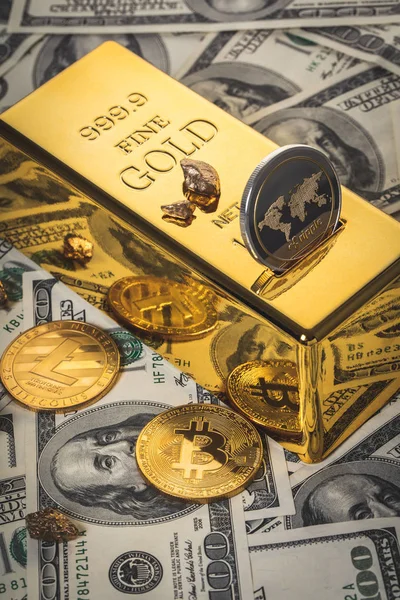 Gold Bar Cryptocurrency Achtergrond Van Dollar — Stockfoto