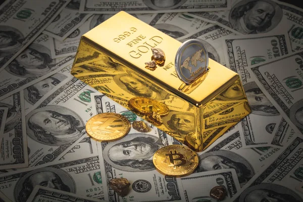 Gold Bar Cryptocurrency Achtergrond Van Dollar — Stockfoto