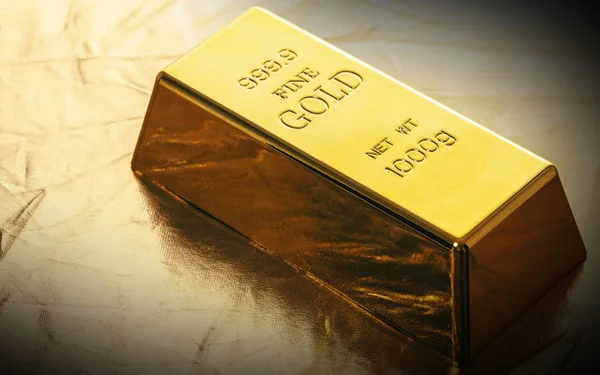 Barra Ouro Close Fundo Dourado — Fotografia de Stock