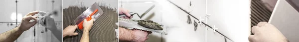 Worker Tiler Puts Ceramic Tiles Wall Photo Collage — Stock Photo, Image