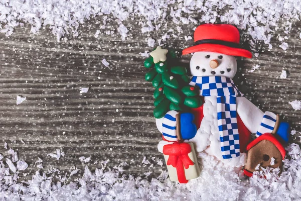 Schneemann Mit Weihnachtsbaum Und Schnee Festlicher Hintergrund — Stockfoto