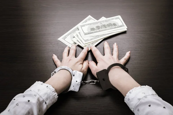 Handcuffed Hands Paper Money Wooden Background — Stock Photo, Image