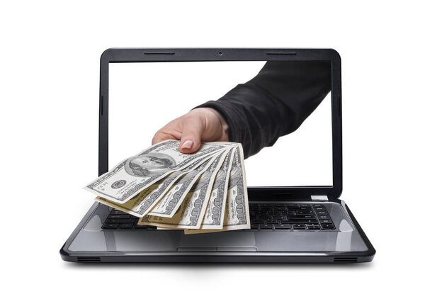 hand with money coming out of laptop, isolated white background