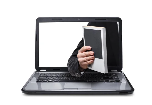 Mão Com Livro Saindo Laptop Fundo Branco Isolado — Fotografia de Stock