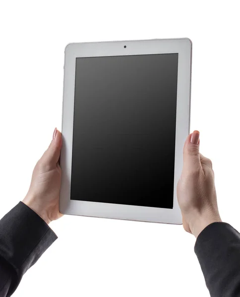 Woman Holds Tablet Hands White Isolated Background — Stock Photo, Image