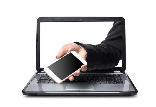 Hand Met Mobiele Telefoon Laptop Geïsoleerde Achtergrond Uit — Stockfoto