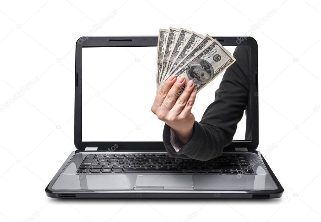 hand with money coming out of laptop, isolated white background