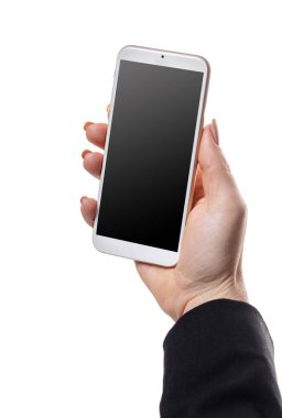 Beyaz izole bir arkaplan üzerinde kadın eli cep telefonu