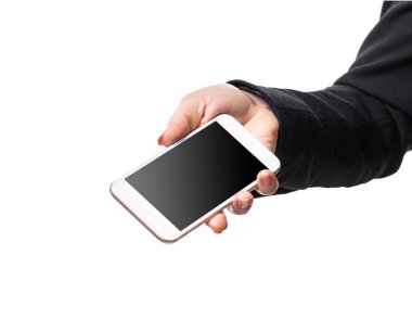 Beyaz izole bir arkaplan üzerinde kadın eli cep telefonu