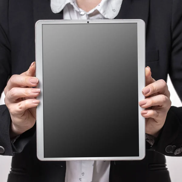 Woman Holds New Tablet Hands Closeup — Stock Photo, Image