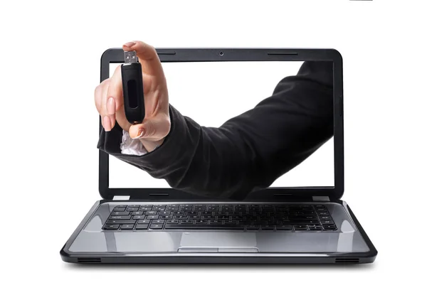 Hand Mit Usb Kommt Aus Laptop Isoliert Weißen Hintergrund — Stockfoto