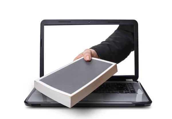 Hand Met Boek Coming Out Van Laptop Geïsoleerde Witte Achtergrond — Stockfoto
