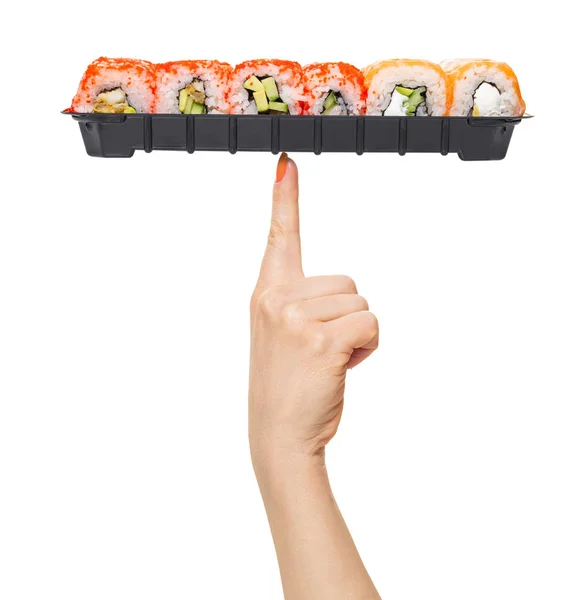 Sushi set segurar a mão — Fotografia de Stock