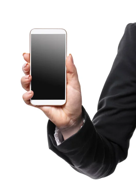 Мобильный Телефон Женской Руке Белом Изолированном Фоне — стоковое фото