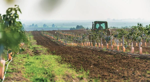 Venkovská Krajina Traktor Obdělává Zemědělskou Půdu — Stock fotografie