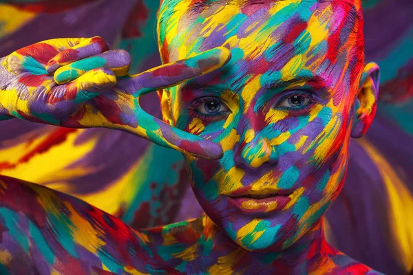 Portrait of the bright beautiful girl with art colorful make-up face art and bodyart — Stock Photo, Image