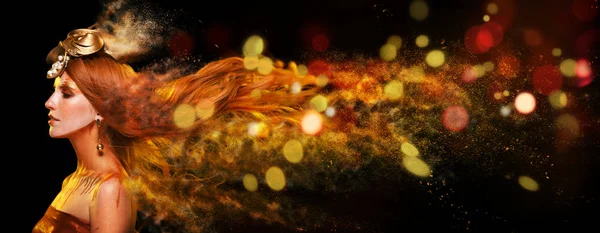 Красота Модель Девушка Золотым Макияжем Золотой Макияж Кожи Волосы Украшения — стоковое фото