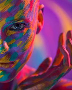 Sanat renkli makyaj ve bodyart parlak güzel kadınla portresi