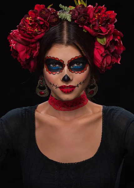 Yaratıcı Görüntü Şeker Kafatası Neon Makyaj Halloween Veya Dia Mertos — Stok fotoğraf