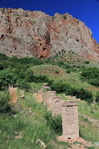 Khachkars Στο Συγκρότημα Μοναστήρι Noravank Κοντά Στην Πόλη Yeghegnadzor Αρμενία — Φωτογραφία Αρχείου