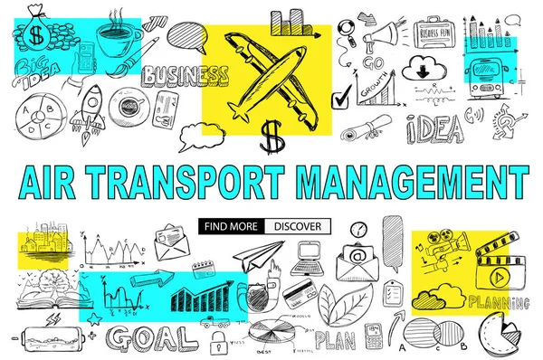 Air Transport Management Concept Doodle Design Style Finding Routes Monetization — Stock Vector