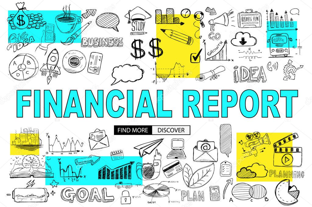 Financial Report concept with Doodle design style: online purchases, banking, money spending. Modern style illustration for web banners, brochure and flyers.