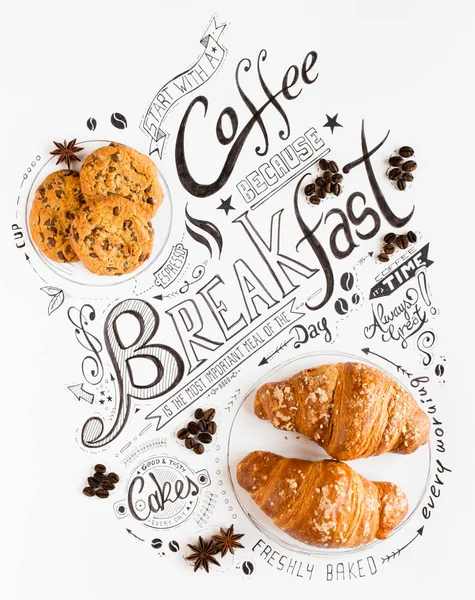 Hand Drawn Breakfast Lettering Typography with classic Phrases in a vintage composition