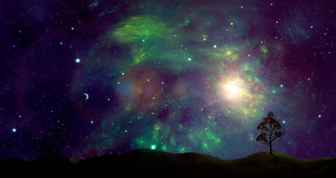 Uzay sahne. Arazi ve küçük gezegen ile renkli Bulutsusu. NASA tarafından döşenmiş öğeleri. 3D render