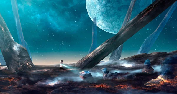 空间场景 宇航员在熔岩土地上的大穗 蓝色星云与行星 Nasa 提供的元素 — 图库照片