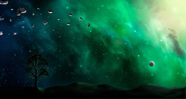 宇宙のシーン 土地シルエットとツリーの緑および青の星雲です Nasa から提供された要素 レンダリング — ストック写真