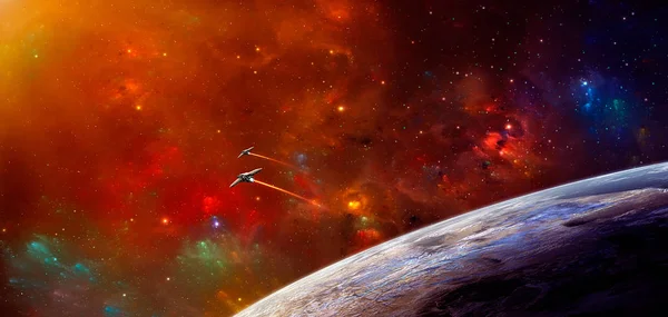 Utrymme Scen Färgglada Nebulosa Med Två Rymdskepp Och Planeten Element — Stockfoto